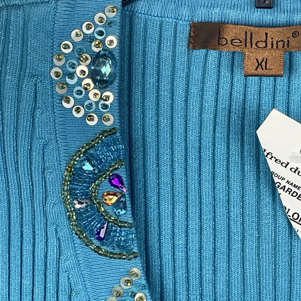 Belldini® Blue Rib Knit Stretch Sleeveless Top W/ Colorful Rhinestones Size XL‎